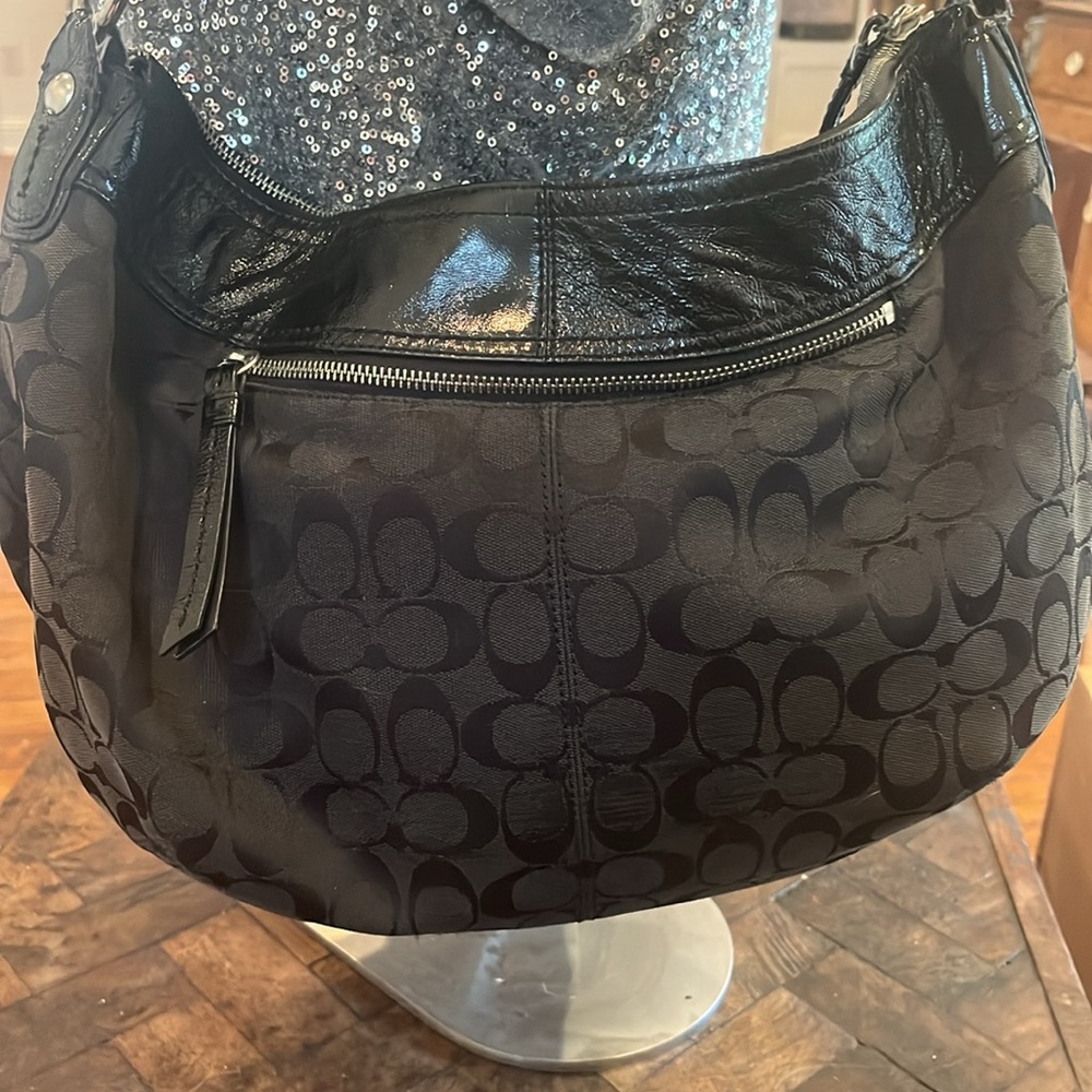 Black COACH Monogram Logo Roomy Hobo Shoulder Bag